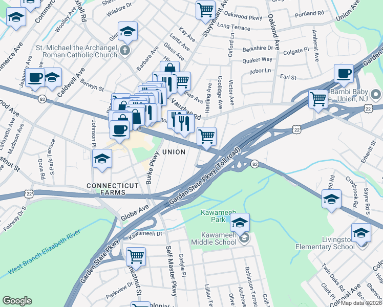map of restaurants, bars, coffee shops, grocery stores, and more near 1884 New Jersey 82 in Union