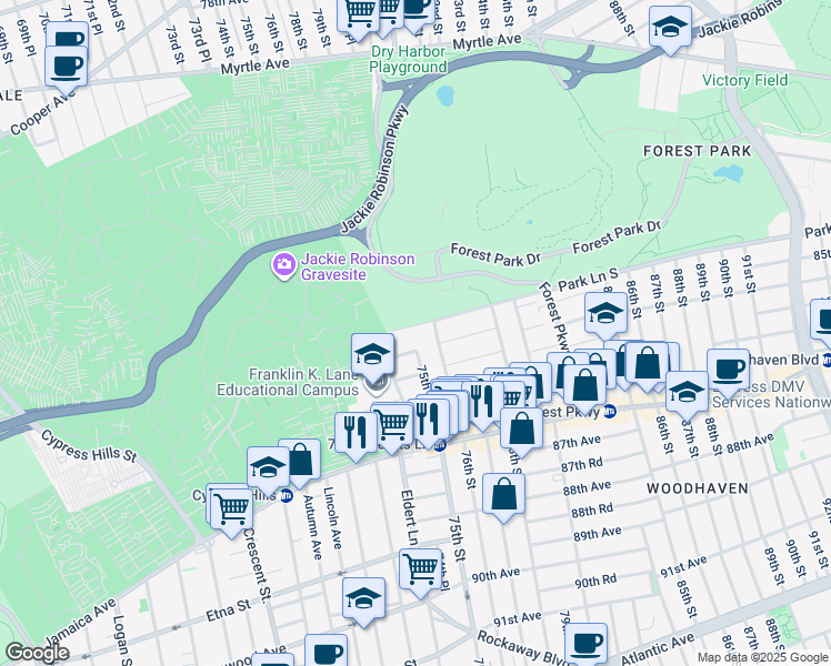 map of restaurants, bars, coffee shops, grocery stores, and more near 74-32 Park Lane South in Queens