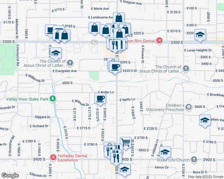 map of restaurants, bars, coffee shops, grocery stores, and more near 3506 South 2300 East in Salt Lake City