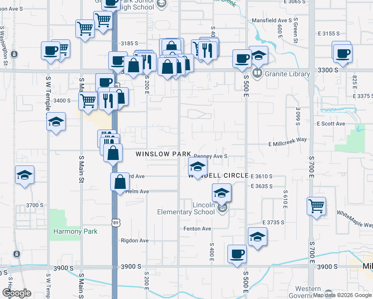map of restaurants, bars, coffee shops, grocery stores, and more near 3511 South 300 East in South Salt Lake