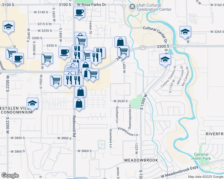 map of restaurants, bars, coffee shops, grocery stores, and more near 3577 Kingdom Court in West Valley City