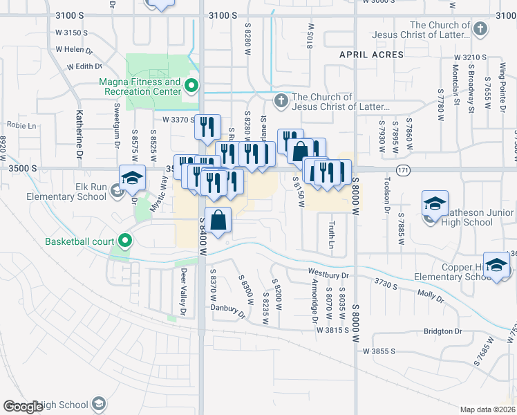 map of restaurants, bars, coffee shops, grocery stores, and more near 8289 West 3500 South in Magna