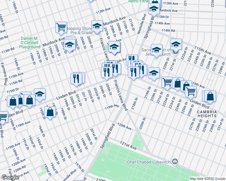 map of restaurants, bars, coffee shops, grocery stores, and more near 118-04 Francis Lewis Boulevard in Queens