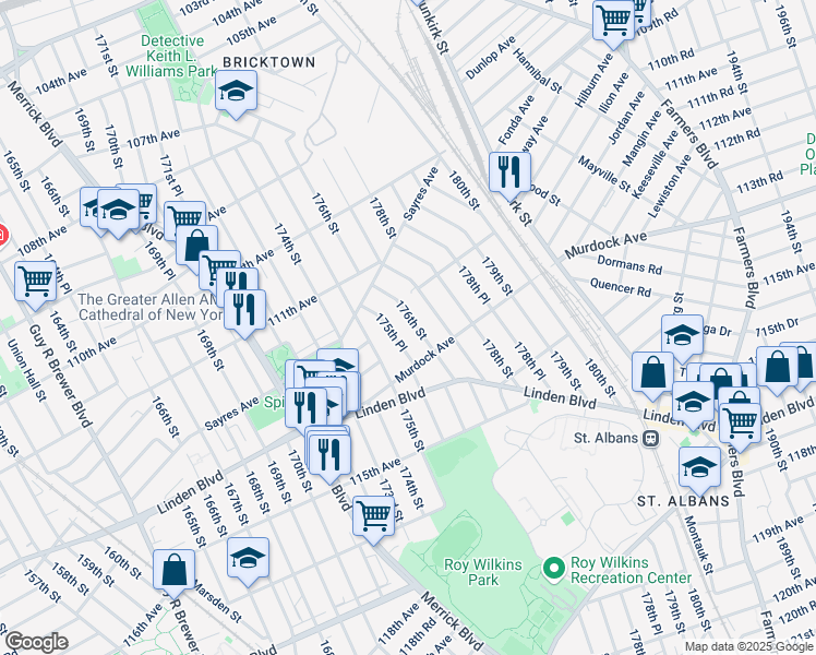map of restaurants, bars, coffee shops, grocery stores, and more near 112-24 177th Street in Queens