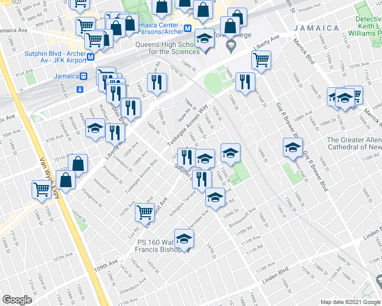 map of restaurants, bars, coffee shops, grocery stores, and more near 150-31 107th Avenue in Queens