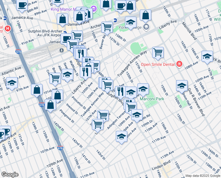 map of restaurants, bars, coffee shops, grocery stores, and more near 14726 Tuskegee Airmen Way in Queens