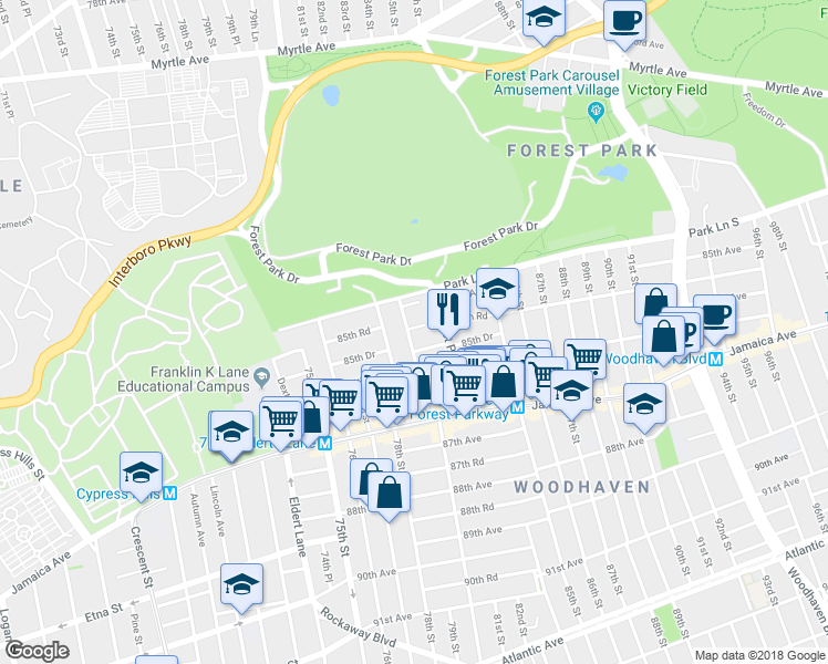 map of restaurants, bars, coffee shops, grocery stores, and more near 80-09 85th Road in Queens