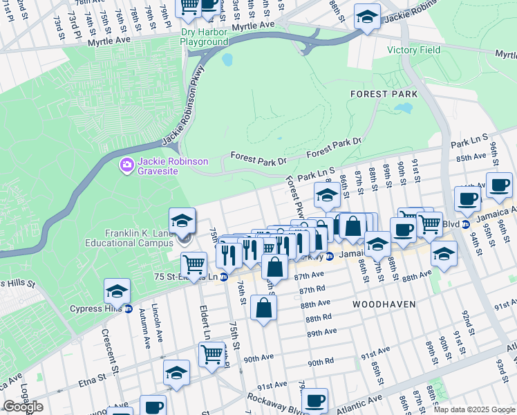 map of restaurants, bars, coffee shops, grocery stores, and more near 76-57 85th Road in Queens