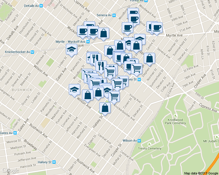 map of restaurants, bars, coffee shops, grocery stores, and more near 490 Irving Avenue in Brooklyn