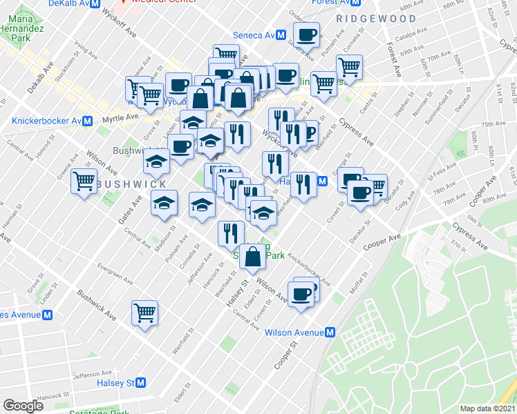 map of restaurants, bars, coffee shops, grocery stores, and more near 1398 Jefferson Avenue in Brooklyn