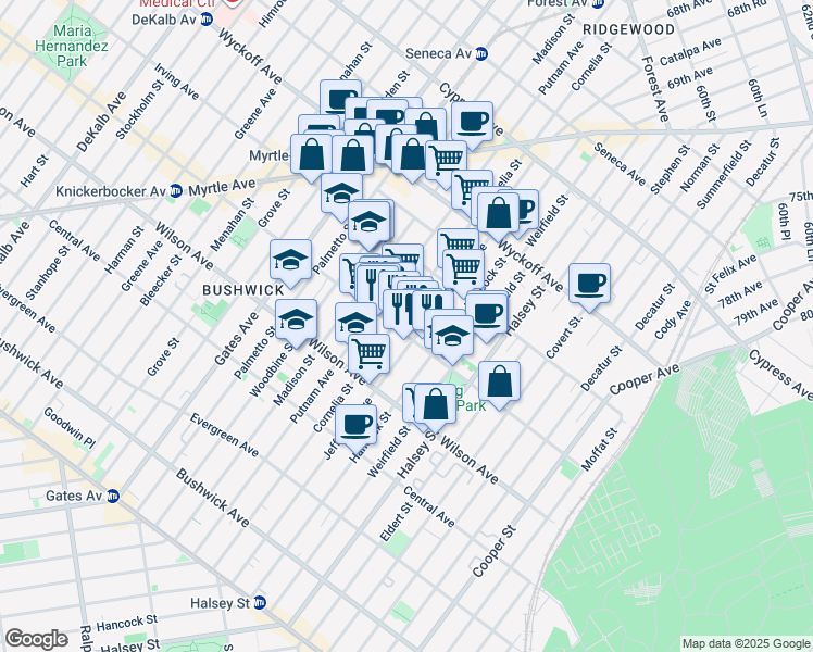 map of restaurants, bars, coffee shops, grocery stores, and more near 685 Knickerbocker Avenue in Brooklyn