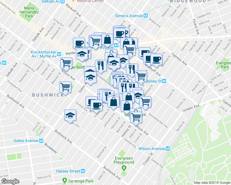 map of restaurants, bars, coffee shops, grocery stores, and more near 1385 Putnam Avenue in Brooklyn