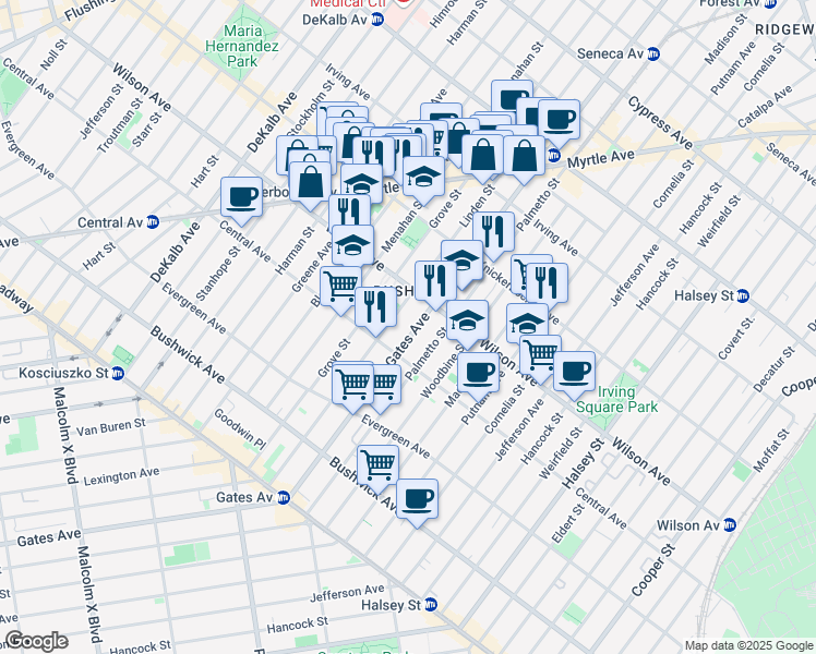 map of restaurants, bars, coffee shops, grocery stores, and more near 1329 Gates Avenue in Brooklyn