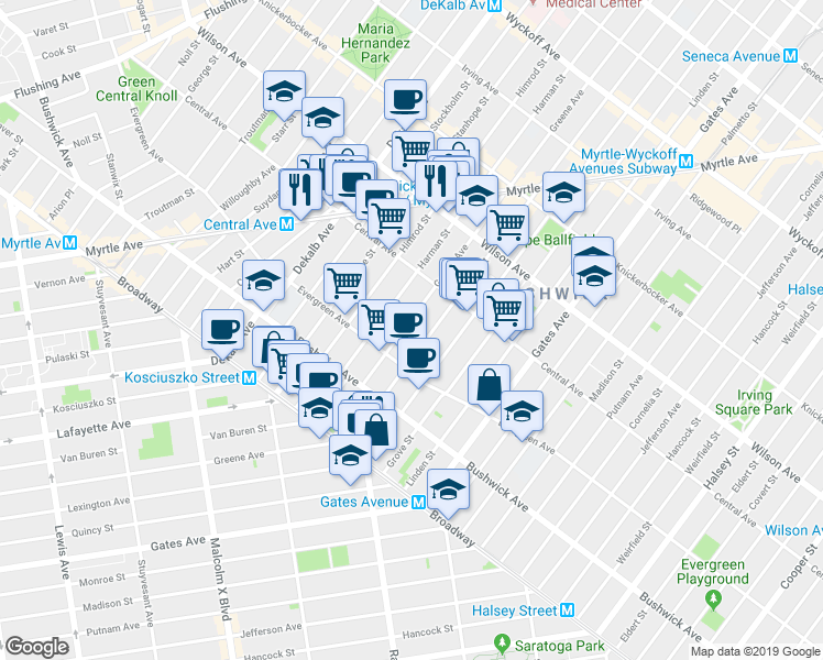 map of restaurants, bars, coffee shops, grocery stores, and more near 1161 Greene Avenue in Brooklyn