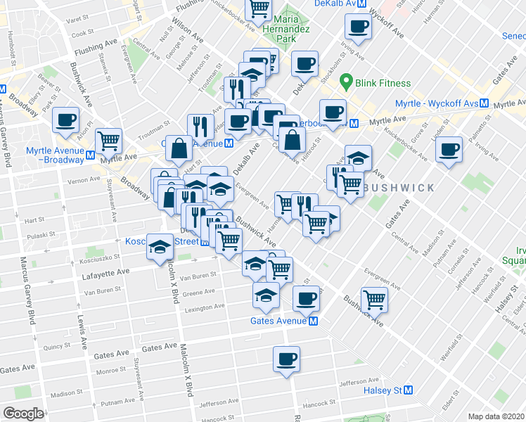 map of restaurants, bars, coffee shops, grocery stores, and more near 28 Stanhope Street in Brooklyn