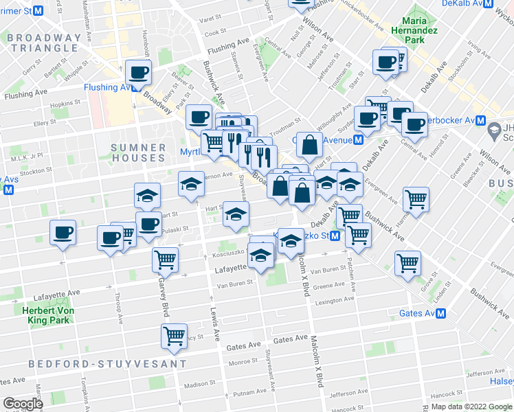 map of restaurants, bars, coffee shops, grocery stores, and more near 415 Hart Street in Brooklyn