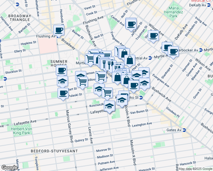 map of restaurants, bars, coffee shops, grocery stores, and more near 415 Hart Street in Brooklyn