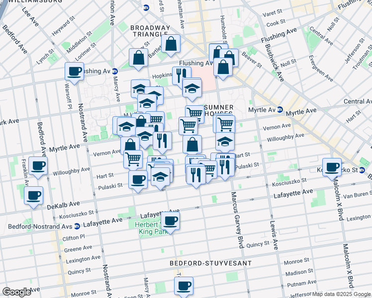 map of restaurants, bars, coffee shops, grocery stores, and more near 198 Vernon Avenue in Brooklyn