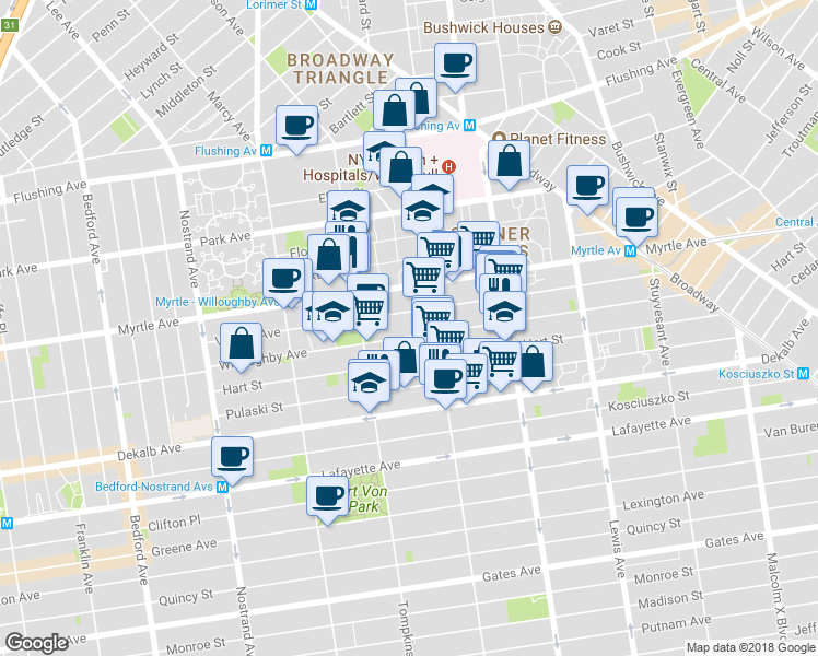 map of restaurants, bars, coffee shops, grocery stores, and more near 198 Vernon Avenue in Brooklyn