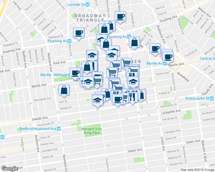 map of restaurants, bars, coffee shops, grocery stores, and more near 198 Vernon Avenue in Brooklyn