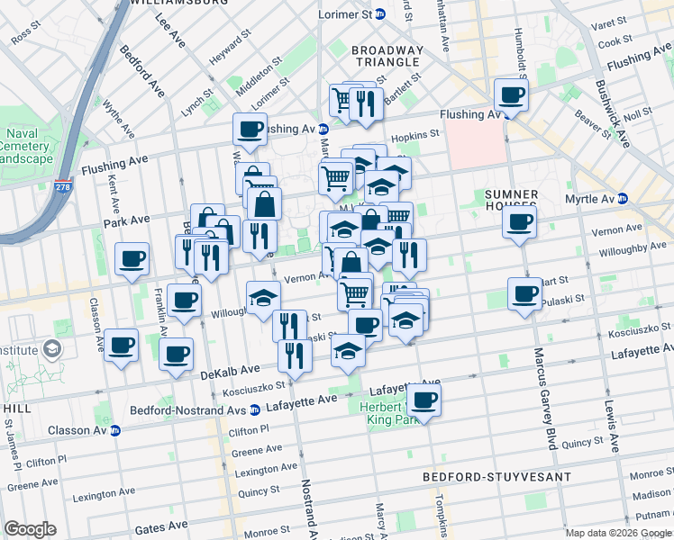 map of restaurants, bars, coffee shops, grocery stores, and more near 806 Myrtle Avenue in Brooklyn