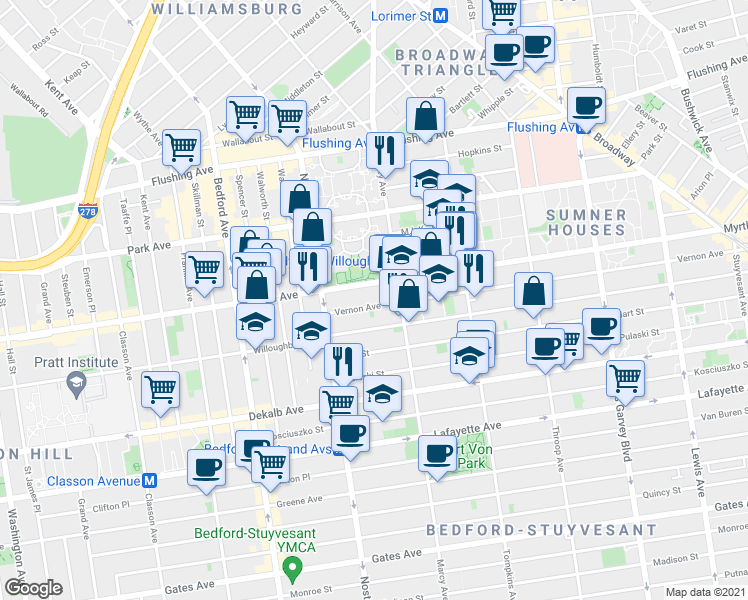 map of restaurants, bars, coffee shops, grocery stores, and more near 806 Myrtle Avenue in Brooklyn