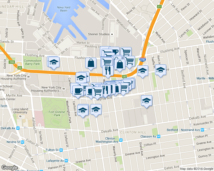 map of restaurants, bars, coffee shops, grocery stores, and more near 89 Waverly Avenue in Brooklyn