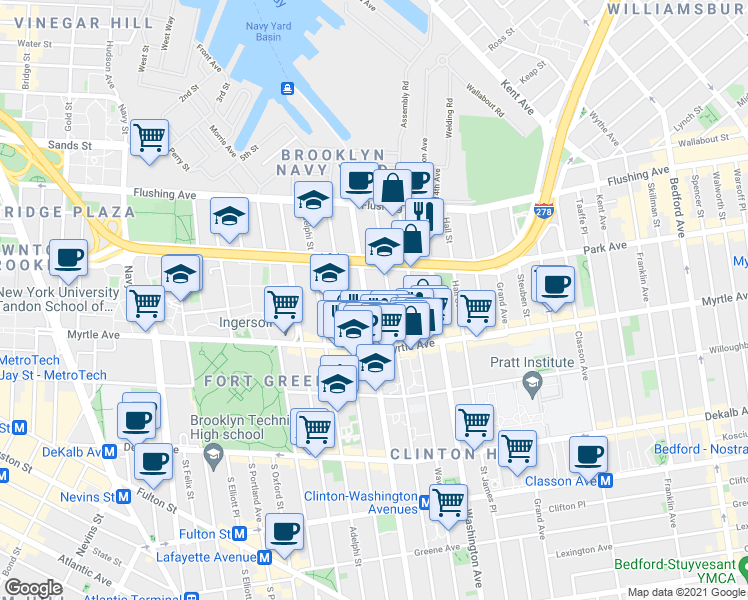 map of restaurants, bars, coffee shops, grocery stores, and more near 86 Clinton Avenue in Brooklyn