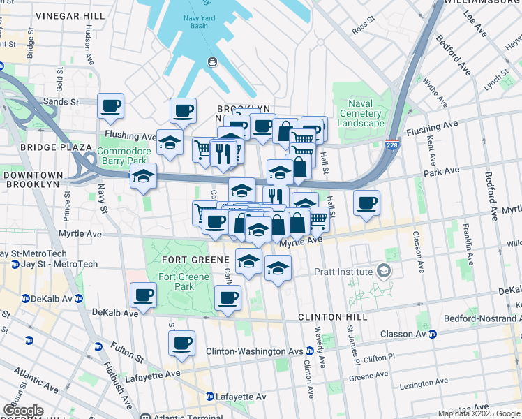 map of restaurants, bars, coffee shops, grocery stores, and more near 89 Clermont Avenue in Brooklyn