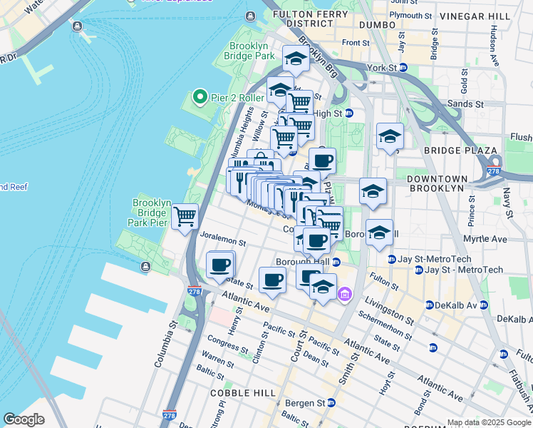 map of restaurants, bars, coffee shops, grocery stores, and more near 117 Montague Street in Brooklyn