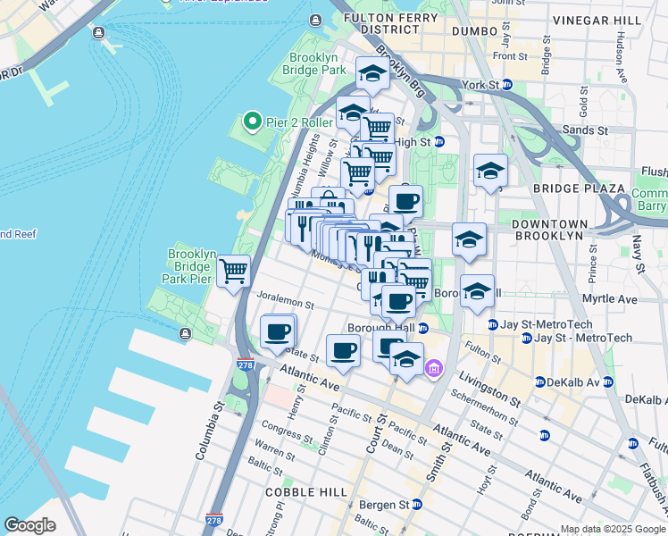 map of restaurants, bars, coffee shops, grocery stores, and more near 117 Montague Street in Brooklyn