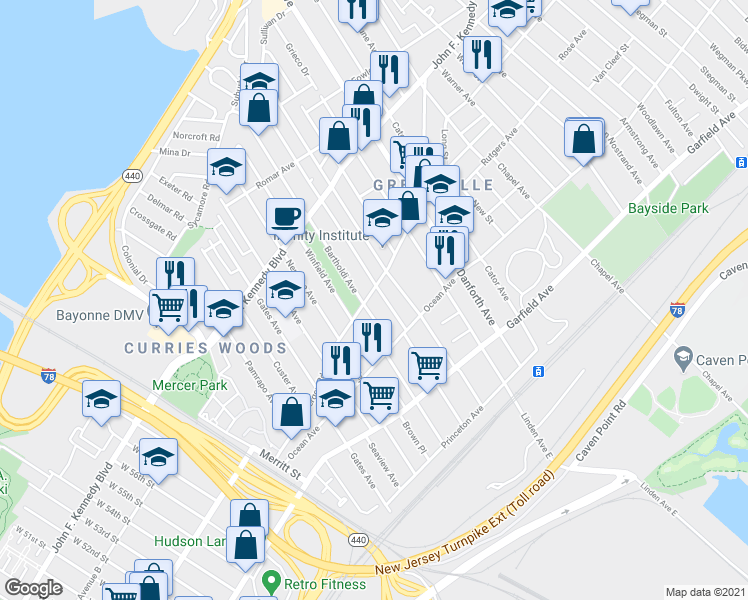 map of restaurants, bars, coffee shops, grocery stores, and more near 148 Pearsall Avenue in Jersey City