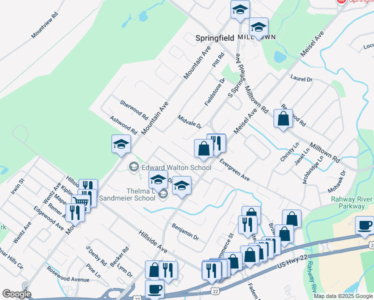 map of restaurants, bars, coffee shops, grocery stores, and more near 303 Northview Terrace in Springfield