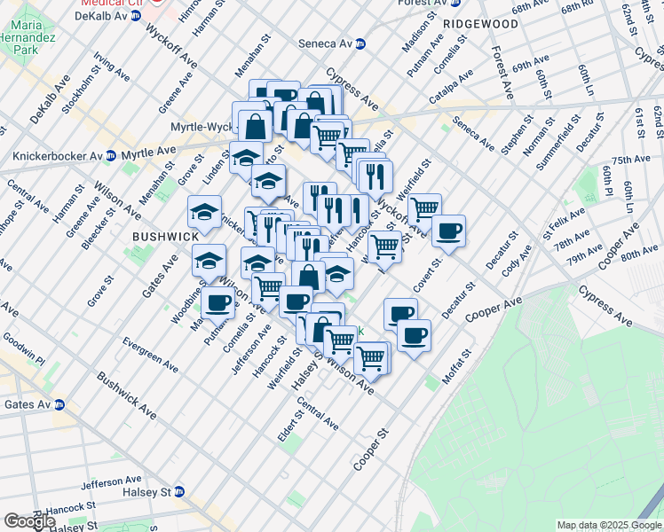 map of restaurants, bars, coffee shops, grocery stores, and more near 1347 Hancock Street in Brooklyn