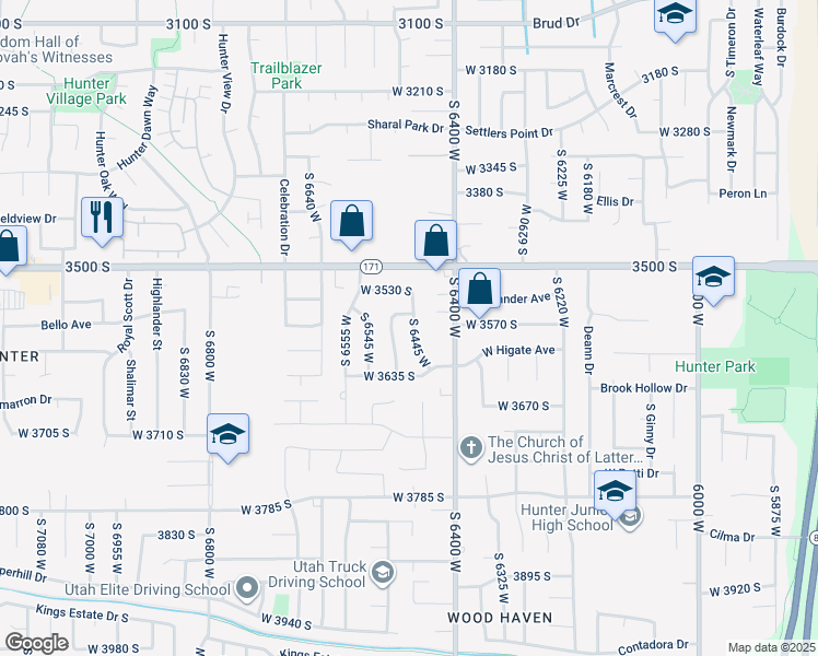 map of restaurants, bars, coffee shops, grocery stores, and more near 3576 South 6445 West in West Valley City