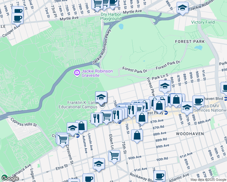 map of restaurants, bars, coffee shops, grocery stores, and more near 74-34 Park Lane South in Queens