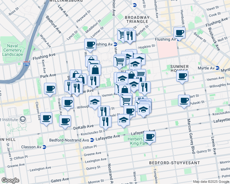map of restaurants, bars, coffee shops, grocery stores, and more near 49 Vernon Avenue in Brooklyn