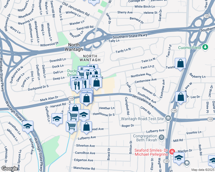 map of restaurants, bars, coffee shops, grocery stores, and more near 63 Cottonwood Court in Wantagh