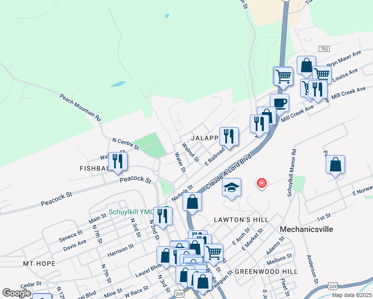 map of restaurants, bars, coffee shops, grocery stores, and more near 322 Prospect Street in Pottsville