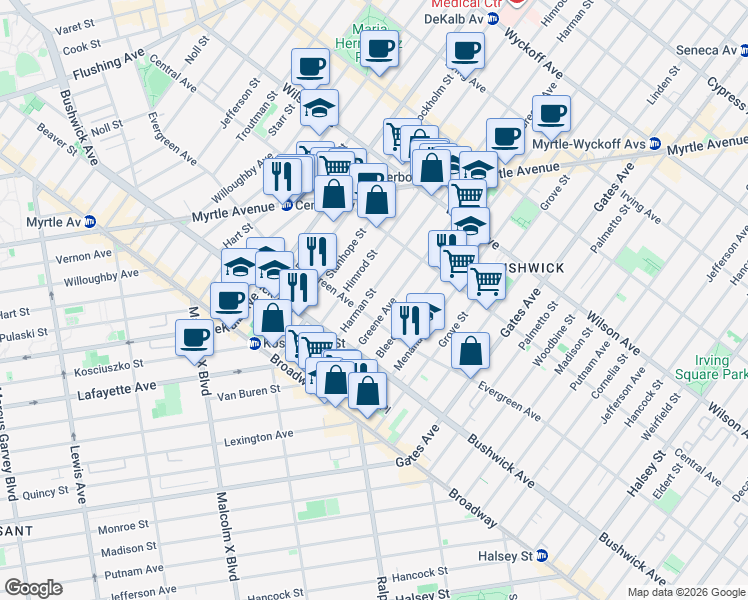 map of restaurants, bars, coffee shops, grocery stores, and more near 1157 Greene Avenue in Brooklyn