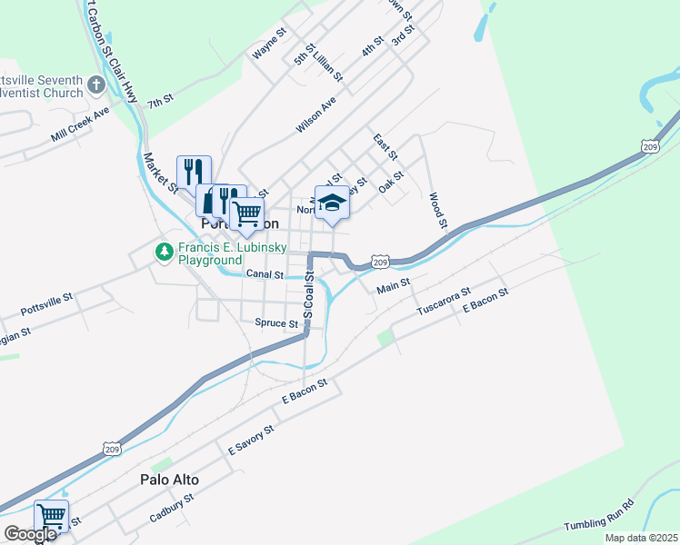 map of restaurants, bars, coffee shops, grocery stores, and more near 3 East Washington Street in Port Carbon