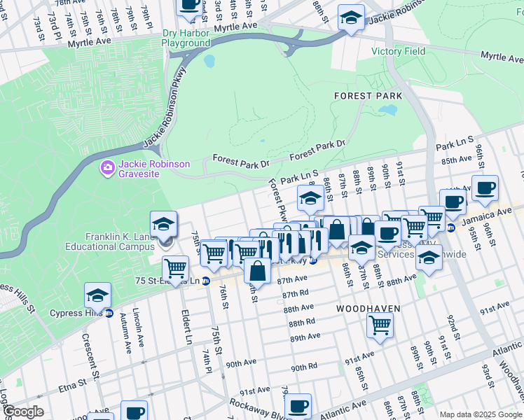 map of restaurants, bars, coffee shops, grocery stores, and more near 85-35 80th Street in Queens