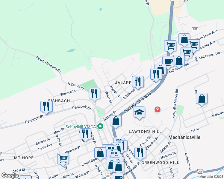 map of restaurants, bars, coffee shops, grocery stores, and more near 322 Prospect Street in Pottsville
