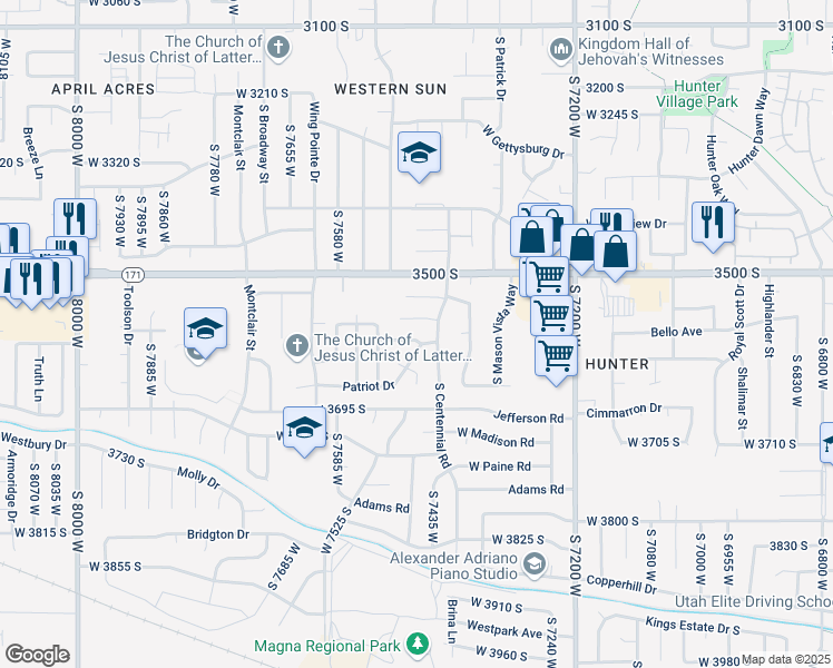 map of restaurants, bars, coffee shops, grocery stores, and more near 7452 Burr Drive in Magna
