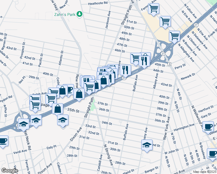 map of restaurants, bars, coffee shops, grocery stores, and more near 146a New York 27 in Lindenhurst