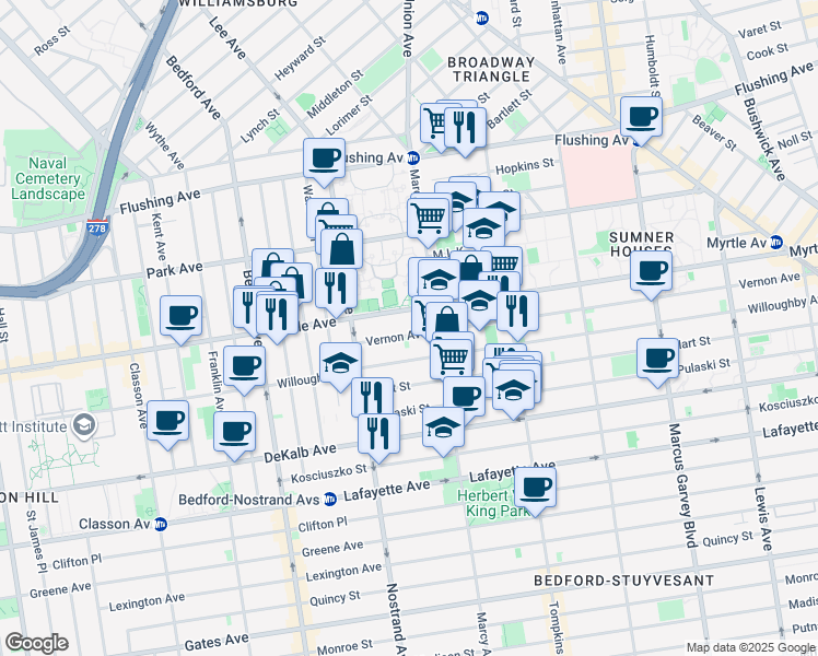 map of restaurants, bars, coffee shops, grocery stores, and more near 806 Myrtle Avenue in Brooklyn