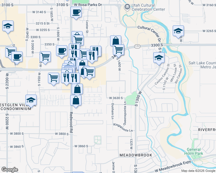 map of restaurants, bars, coffee shops, grocery stores, and more near 3577 Kingdom Court in West Valley City
