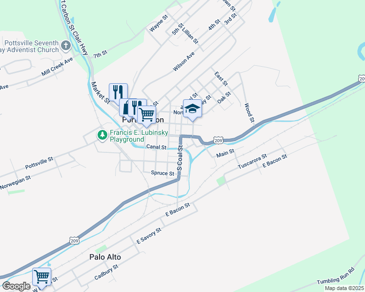 map of restaurants, bars, coffee shops, grocery stores, and more near 86 Coal Street in Port Carbon