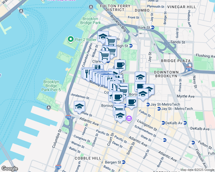 map of restaurants, bars, coffee shops, grocery stores, and more near 130 Montague Street in Brooklyn