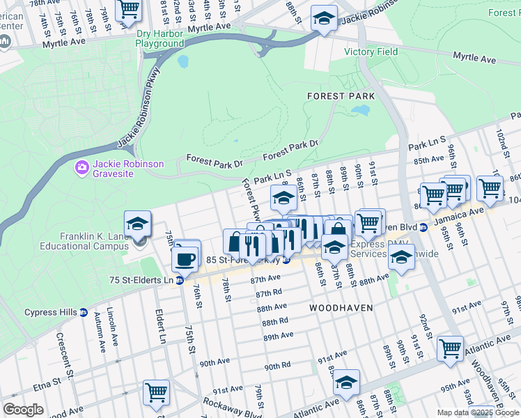 map of restaurants, bars, coffee shops, grocery stores, and more near 85-29 Forest Parkway in Queens